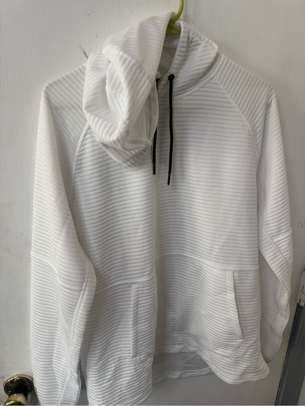 Apana White Ribbed Crewneck Hoodie with Black Drawstrings